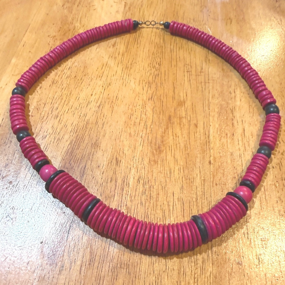 Vintage Magenta Pink and Black Wood Bead Chunky Statement Necklace 22.5 Inch